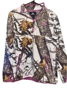 Girls Mossy Oak White Purple Camo Fleece Pullover Sweater Sz M 8-10 Thumb Holes